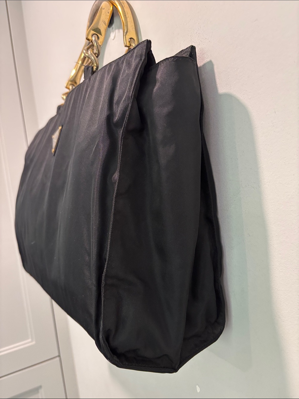 Prada Black Nylon Tote with Gold-Tone Double Ring Handles designer chic - Picture 7 of 16